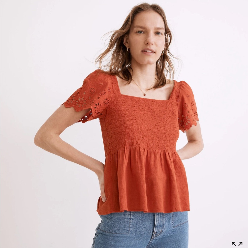 Madewell Eyelet-Sleeve Lucie Smocked Peplum Top